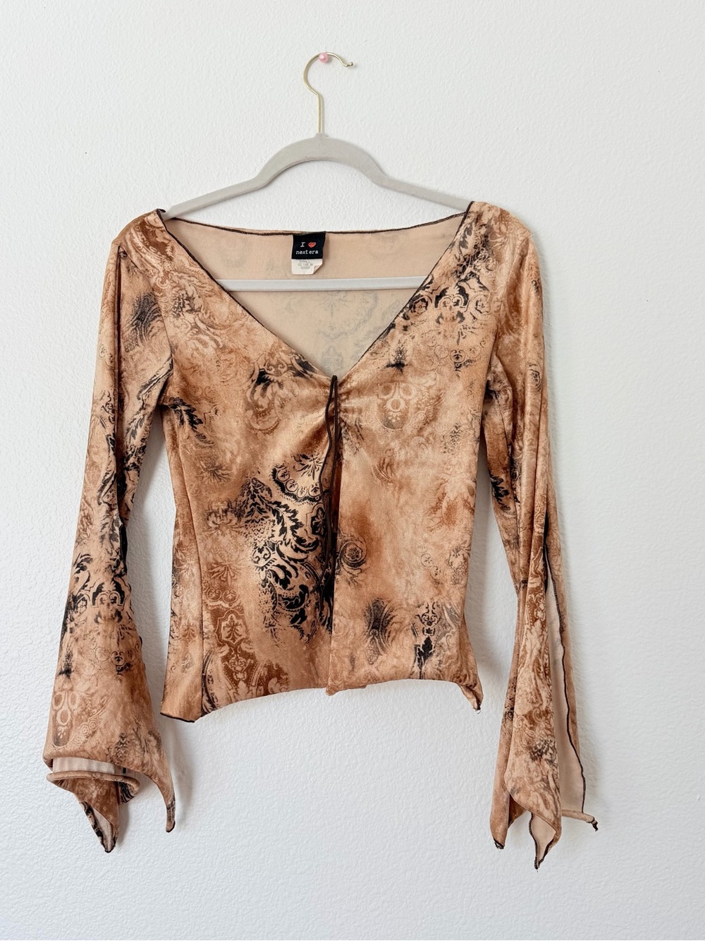 Y2K Brown V-Neck Long Sleeve Top